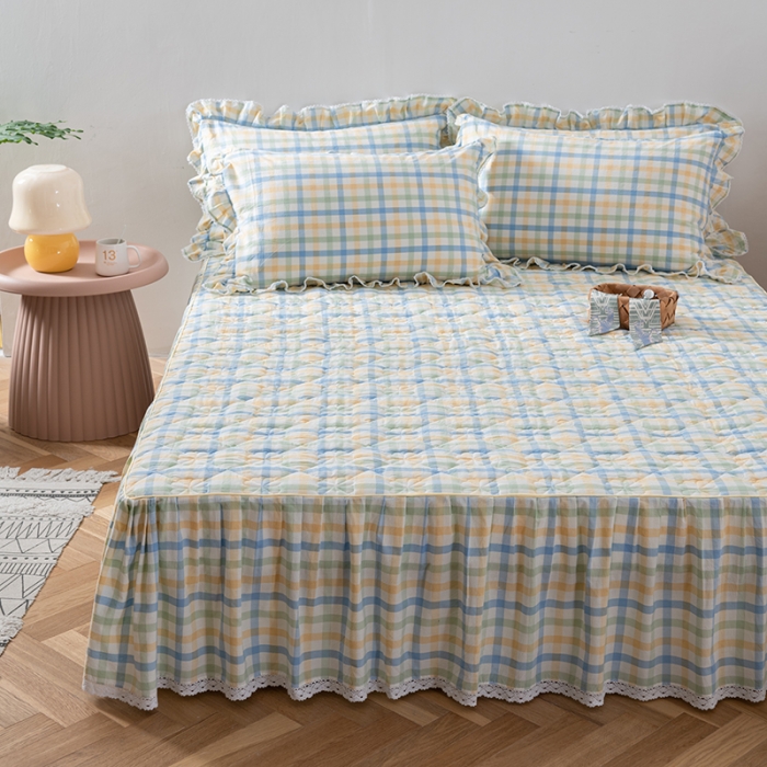 91家纺网 家纺一手货源 找家纺 久典 2022新款A类母婴级抗菌夹棉花边床裙四件套 彩虹绿