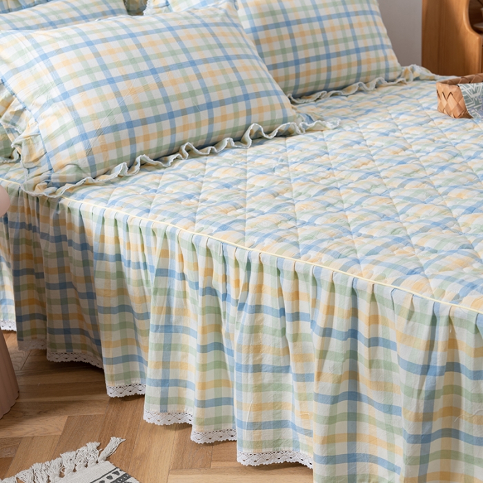 91家纺网 家纺一手货源 找家纺 久典 2022新款A类母婴级抗菌夹棉花边床裙四件套 彩虹绿