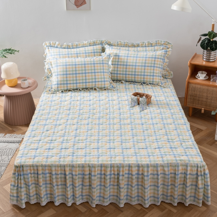 91家纺网 家纺一手货源 找家纺 久典 2022新款A类母婴级抗菌夹棉花边床裙四件套 彩虹绿