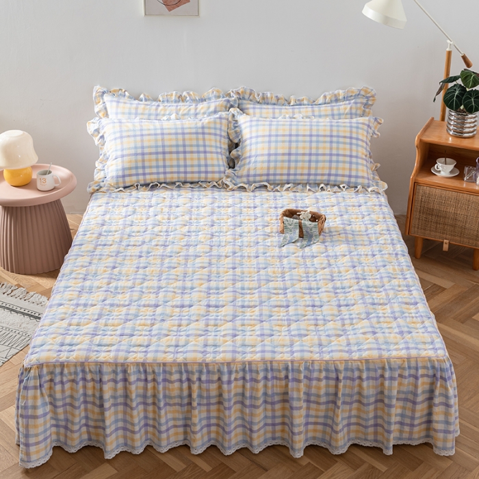 91家纺网 家纺一手货源 找家纺 久典 2022新款A类母婴级抗菌夹棉花边床裙四件套 彩虹紫