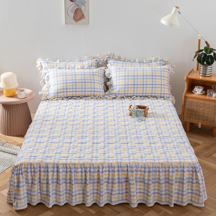 91家纺网 家纺一手货源 找家纺 久典 2022新款A类母婴级抗菌夹棉花边床裙四件套 彩虹紫