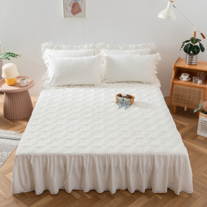 91家纺网 家纺一手货源 找家纺 久典 2022新款A类母婴级抗菌夹棉花边床裙四件套 纯白