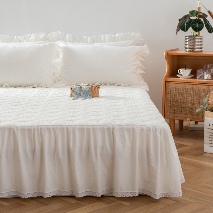 91家纺网 家纺一手货源 找家纺 久典 2022新款A类母婴级抗菌夹棉花边床裙四件套 纯白