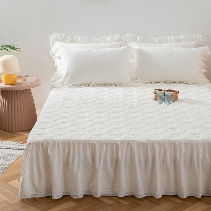 91家纺网 家纺一手货源 找家纺 久典 2022新款A类母婴级抗菌夹棉花边床裙四件套 纯白