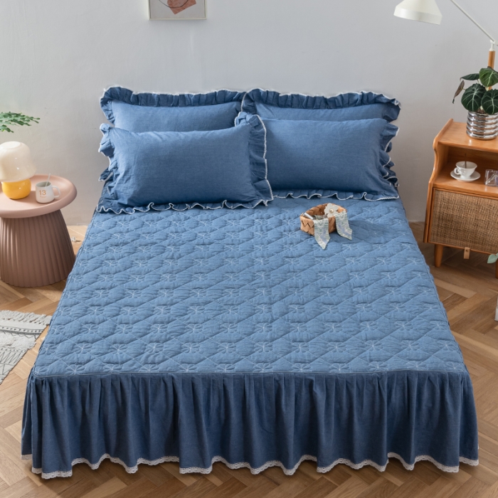 91家纺网 家纺一手货源 找家纺 久典 2022新款A类母婴级抗菌夹棉花边床裙四件套 牛仔蓝