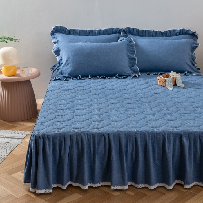 91家纺网 家纺一手货源 找家纺 久典 2022新款A类母婴级抗菌夹棉花边床裙四件套 牛仔蓝