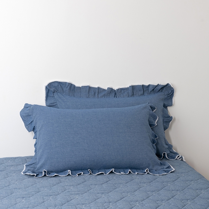 91家纺网 家纺一手货源 找家纺 久典 2022新款A类母婴级抗菌夹棉花边床裙四件套 牛仔蓝