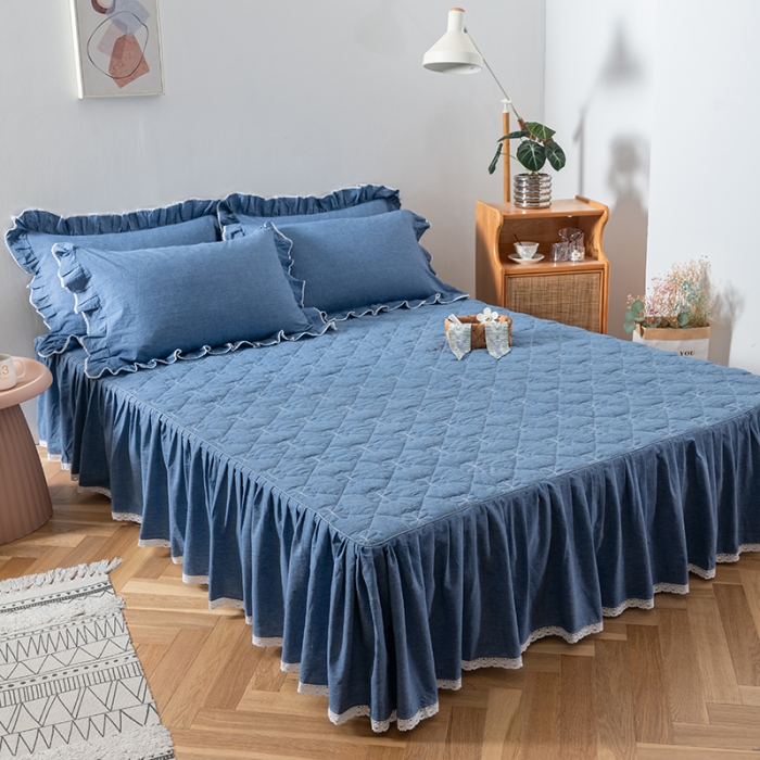 91家纺网 家纺一手货源 找家纺 久典 2022新款A类母婴级抗菌夹棉花边床裙四件套 牛仔蓝