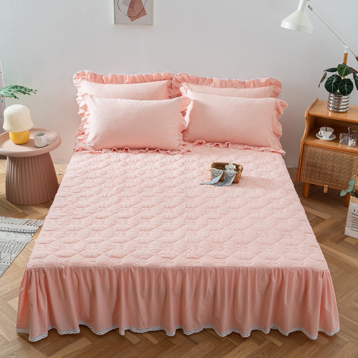 91家纺网 家纺一手货源 找家纺 久典 2022新款A类母婴级抗菌夹棉花边床裙四件套 浅粉