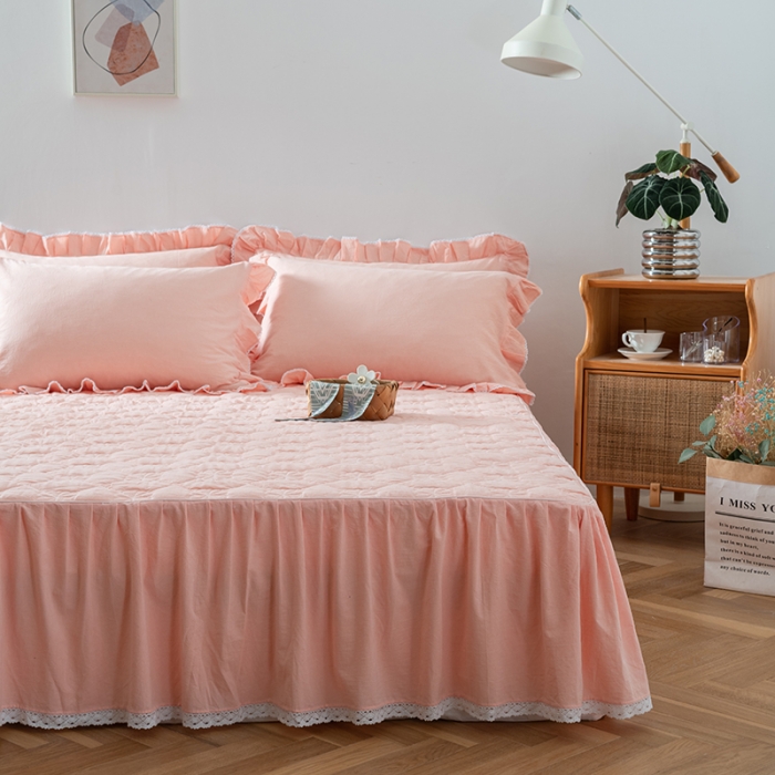 91家纺网 家纺一手货源 找家纺 久典 2022新款A类母婴级抗菌夹棉花边床裙四件套 浅粉