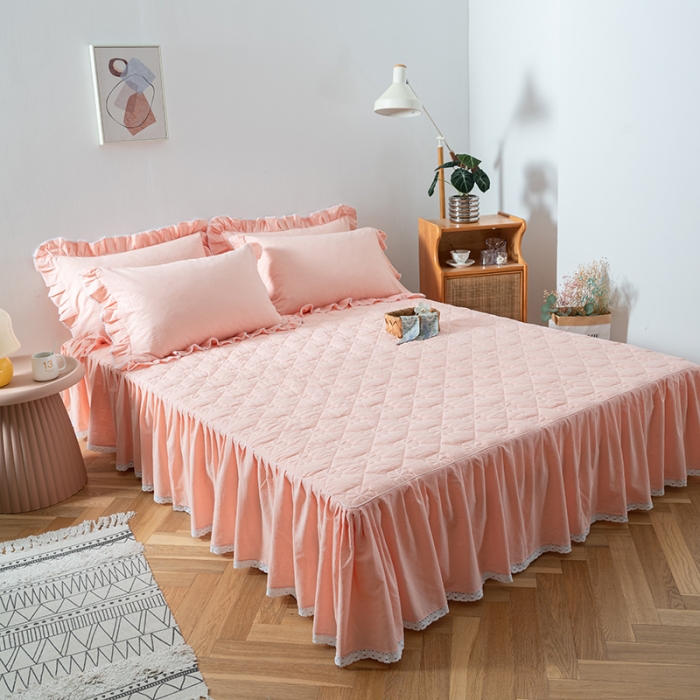 91家纺网 家纺一手货源 找家纺 久典 2022新款A类母婴级抗菌夹棉花边床裙四件套 浅粉