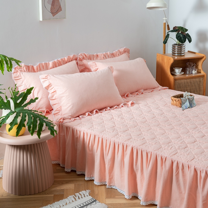 91家纺网 家纺一手货源 找家纺 久典 2022新款A类母婴级抗菌夹棉花边床裙四件套 浅粉