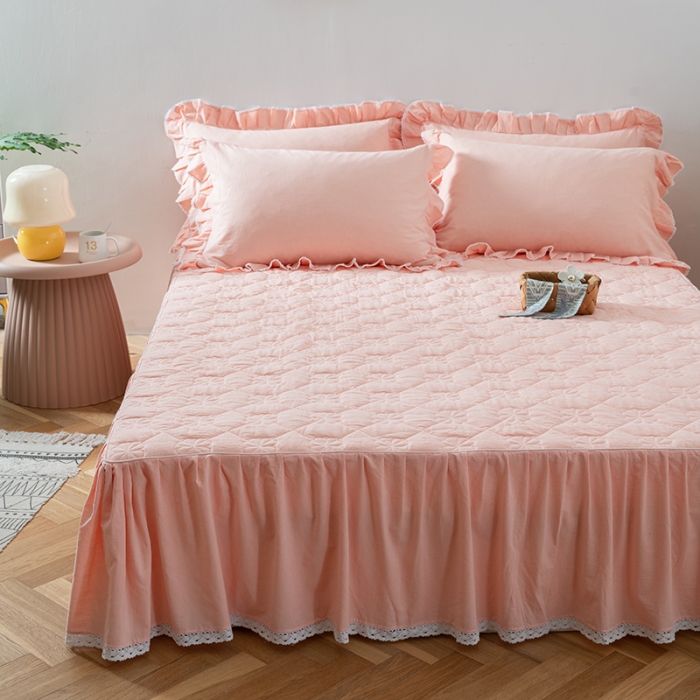 91家纺网 家纺一手货源 找家纺 久典 2022新款A类母婴级抗菌夹棉花边床裙四件套 浅粉