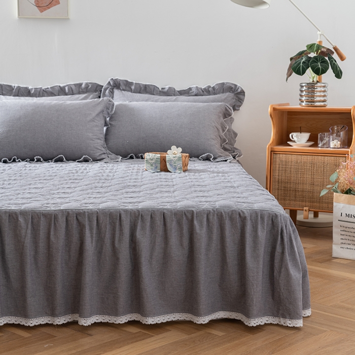 91家纺网 家纺一手货源 找家纺 久典 2022新款A类母婴级抗菌夹棉花边床裙四件套 浅灰