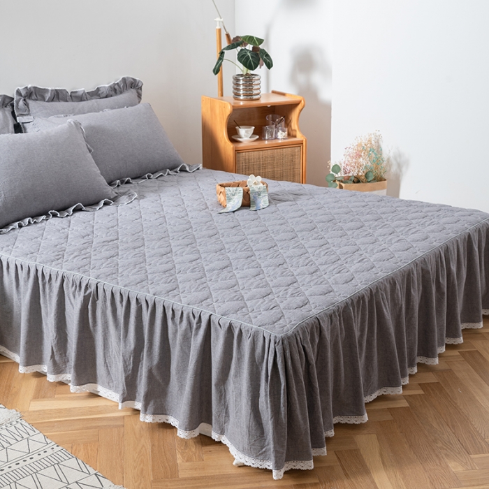 91家纺网 家纺一手货源 找家纺 久典 2022新款A类母婴级抗菌夹棉花边床裙四件套 浅灰