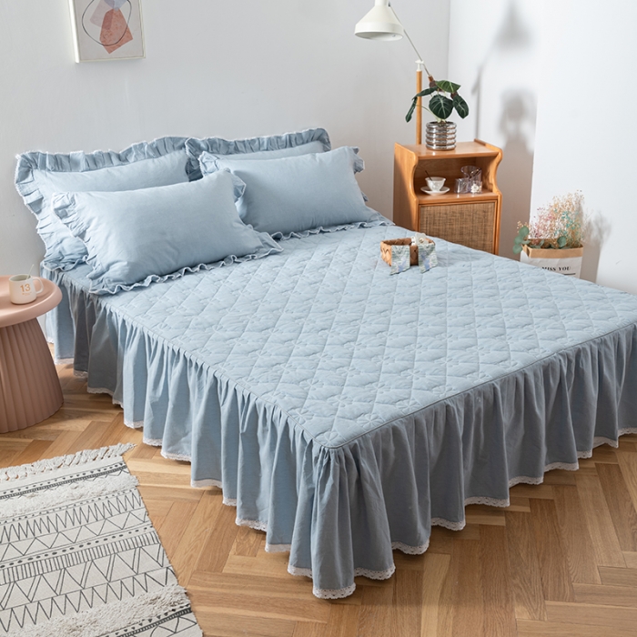 91家纺网 家纺一手货源 找家纺 久典 2022新款A类母婴级抗菌夹棉花边床裙四件套 浅水蓝