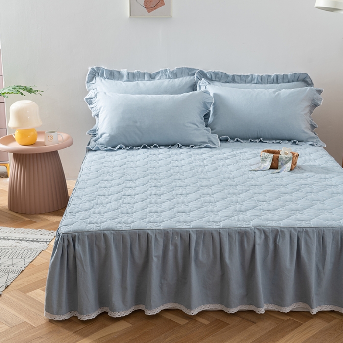 91家纺网 家纺一手货源 找家纺 久典 2022新款A类母婴级抗菌夹棉花边床裙四件套 浅水蓝