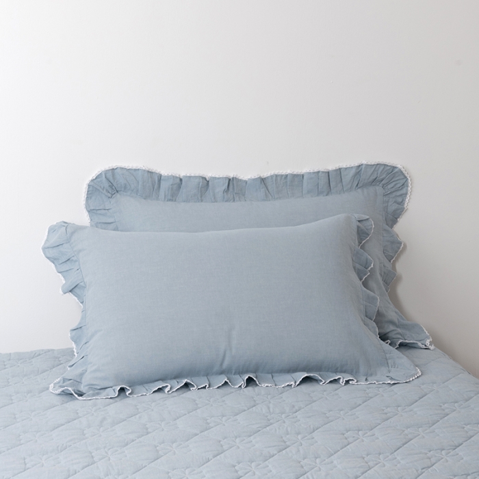 91家纺网 家纺一手货源 找家纺 久典 2022新款A类母婴级抗菌夹棉花边床裙四件套 浅水蓝