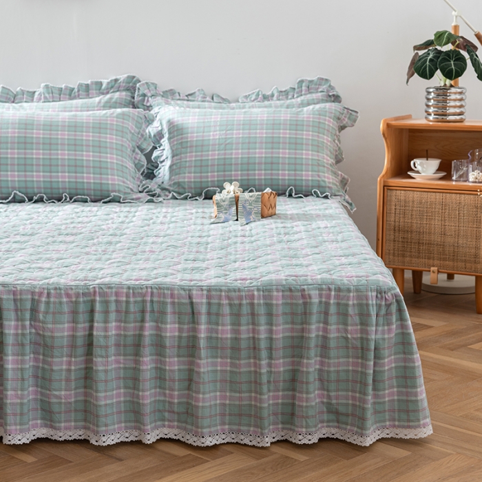 91家纺网 家纺一手货源 找家纺 久典 2022新款A类母婴级抗菌夹棉花边床裙四件套 青柠格