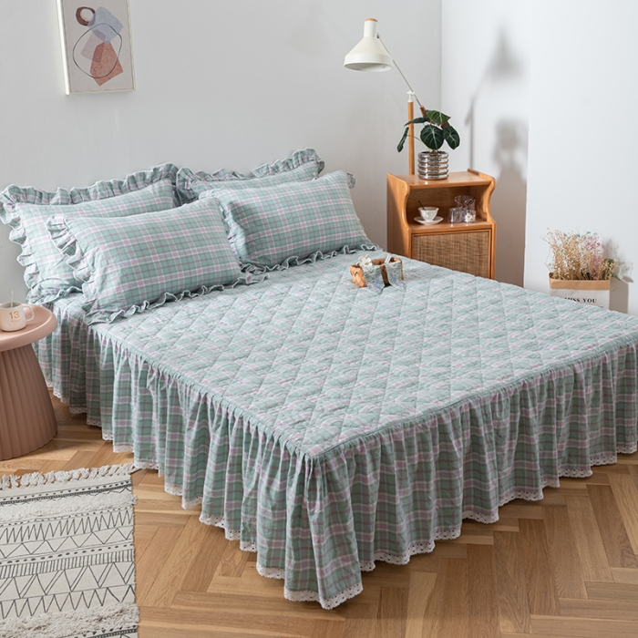 91家纺网 家纺一手货源 找家纺 久典 2022新款A类母婴级抗菌夹棉花边床裙四件套 青柠格