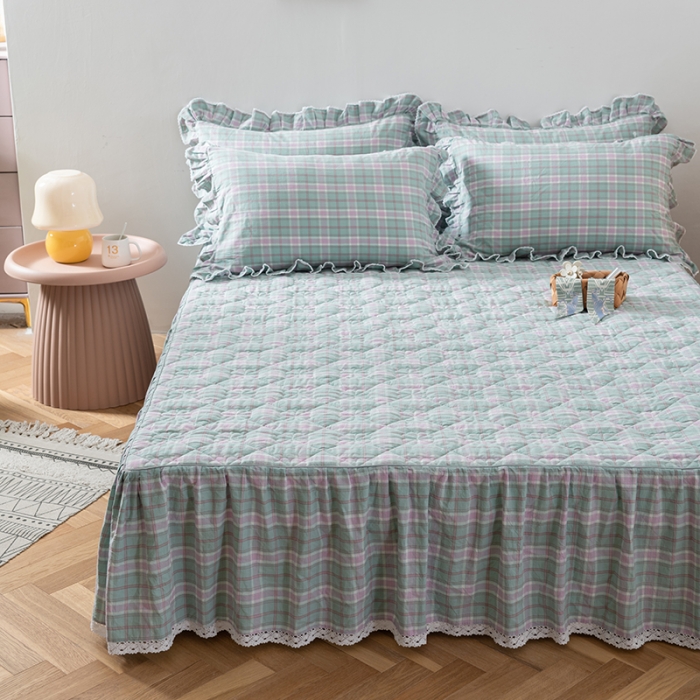 91家纺网 家纺一手货源 找家纺 久典 2022新款A类母婴级抗菌夹棉花边床裙四件套 青柠格