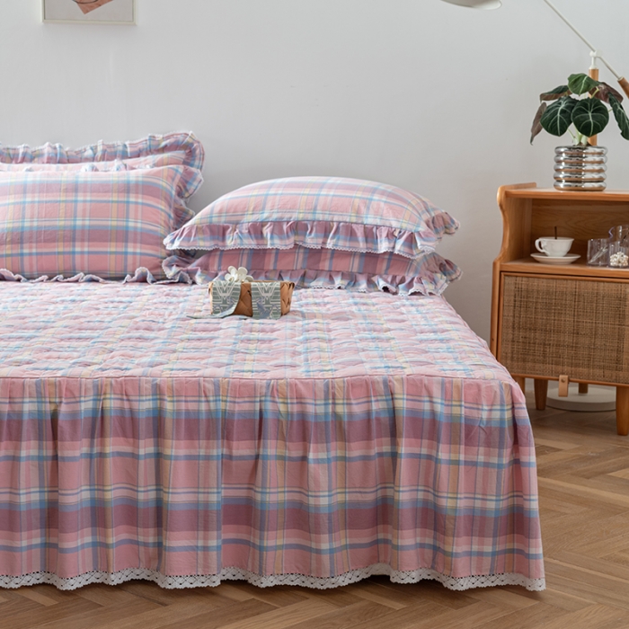 91家纺网 家纺一手货源 找家纺 久典 2022新款A类母婴级抗菌夹棉花边床裙四件套 韶华粉