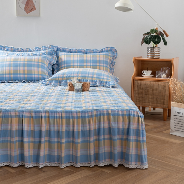 91家纺网 家纺一手货源 找家纺 久典 2022新款A类母婴级抗菌夹棉花边床裙四件套 韶华蓝