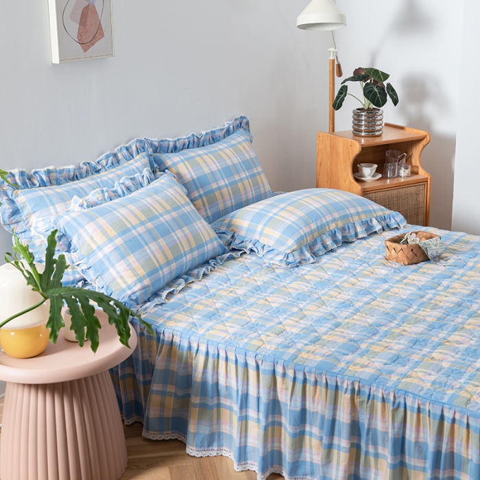 91家纺网 家纺一手货源 找家纺 久典 2022新款A类母婴级抗菌夹棉花边床裙四件套 韶华蓝