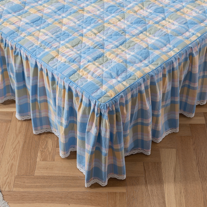 91家纺网 家纺一手货源 找家纺 久典 2022新款A类母婴级抗菌夹棉花边床裙四件套 韶华蓝