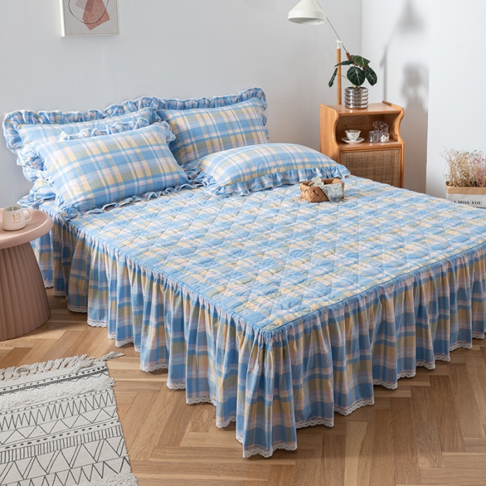 91家纺网 家纺一手货源 找家纺 久典 2022新款A类母婴级抗菌夹棉花边床裙四件套 韶华蓝