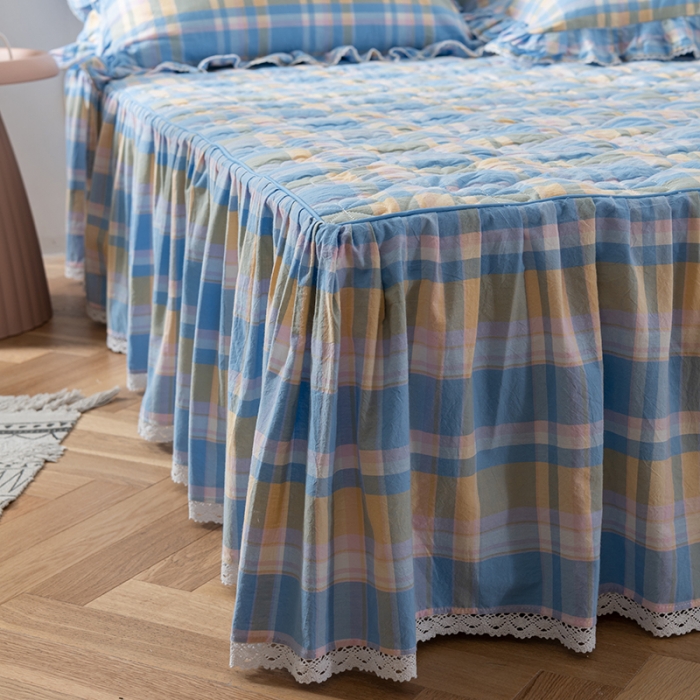 91家纺网 家纺一手货源 找家纺 久典 2022新款A类母婴级抗菌夹棉花边床裙四件套 韶华蓝