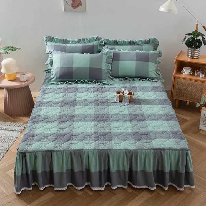 91家纺网 家纺一手货源 找家纺 久典 2022新款A类母婴级抗菌夹棉花边床裙四件套 烟绿大格