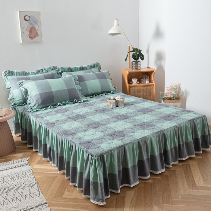 91家纺网 家纺一手货源 找家纺 久典 2022新款A类母婴级抗菌夹棉花边床裙四件套 烟绿大格