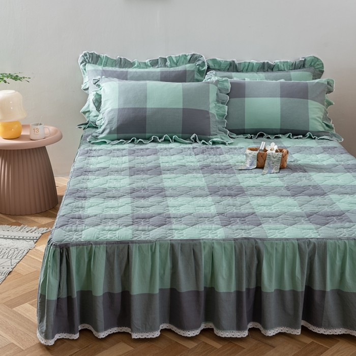 91家纺网 家纺一手货源 找家纺 久典 2022新款A类母婴级抗菌夹棉花边床裙四件套 烟绿大格