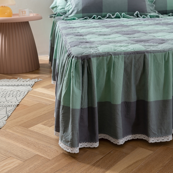 91家纺网 家纺一手货源 找家纺 久典 2022新款A类母婴级抗菌夹棉花边床裙四件套 烟绿大格