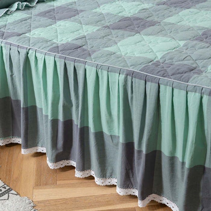 91家纺网 家纺一手货源 找家纺 久典 2022新款A类母婴级抗菌夹棉花边床裙四件套 烟绿大格