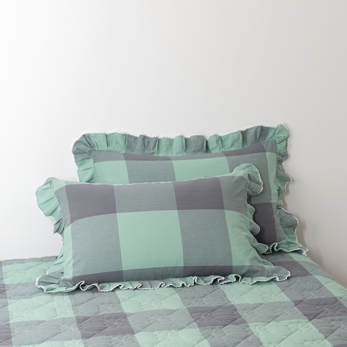 91家纺网 家纺一手货源 找家纺 久典 2022新款A类母婴级抗菌夹棉花边床裙四件套 烟绿大格