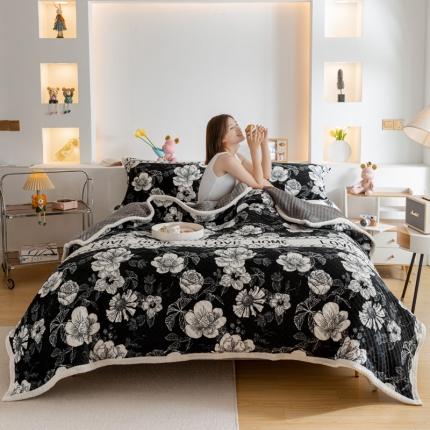 91家纺网 家纺一手货源 找家纺 总 宅部落加厚印花牛奶绒毯三层夹棉毛毯绗缝毯子多功能盖毯