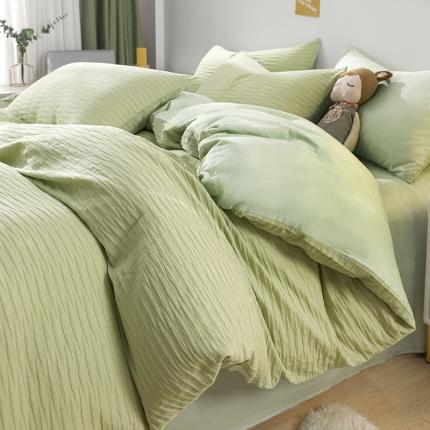 91家纺网 家纺一手货源 找家纺 沐晴 2022新款简约纯棉双拼泡泡纱全棉床单床笠款四件套 嫩绿