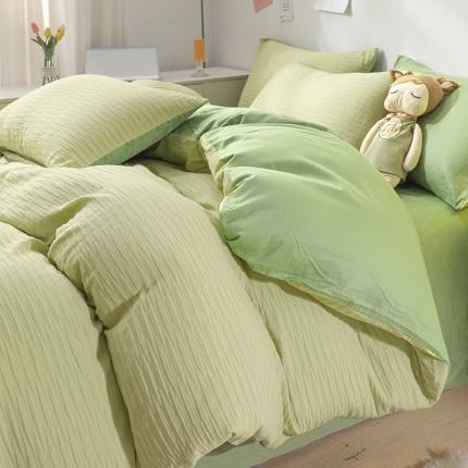 91家纺网 家纺一手货源 找家纺 沐晴 2022新款简约纯棉双拼泡泡纱全棉床单床笠款四件套 牛油果绿