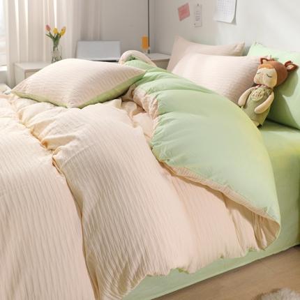 91家纺网 家纺一手货源 找家纺 沐晴 2022新款简约纯棉双拼泡泡纱全棉床单床笠款四件套 杏绿