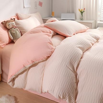 91家纺网 家纺一手货源 找家纺 沐晴 2022新款简约纯棉双拼泡泡纱全棉床单床笠款四件套 樱花粉