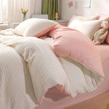 沐晴2022新款简约纯棉双拼泡泡纱全棉床单床笠款四件套白粉玉