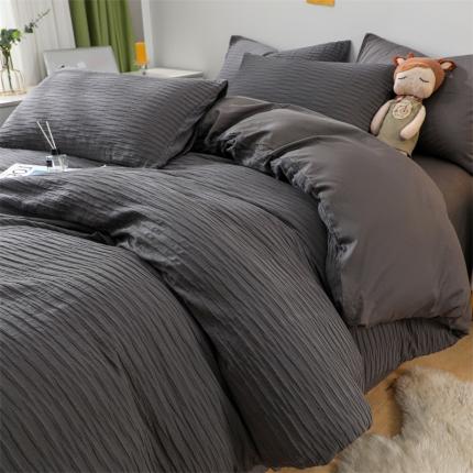 沐晴 2022新款简约纯棉双拼泡泡纱全棉床单床笠款四件套 黑茶