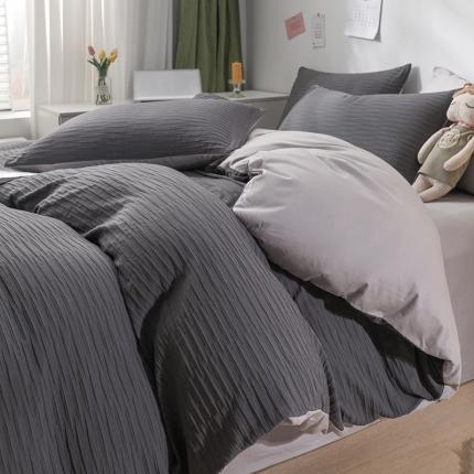 沐晴 2022新款简约纯棉双拼泡泡纱全棉床单床笠款四件套黑灰
