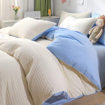 沐晴2022新款简约纯棉双拼泡泡纱全棉床单床笠款四件套天空蓝
