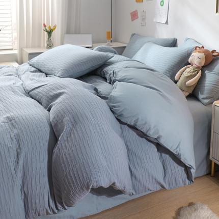 沐晴 2022新款简约纯棉双拼泡泡纱全棉床单床笠款四件套 雾霾蓝
