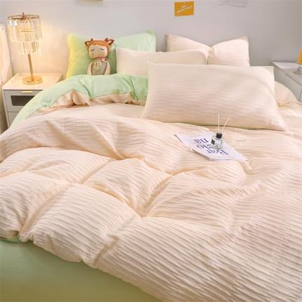 沐晴 2022新款简约纯棉双拼泡泡纱全棉床单床笠款四件套 杏绿
