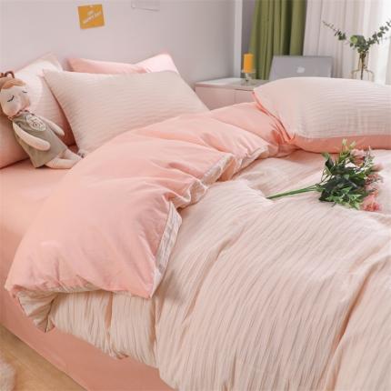 沐晴 2022新款简约纯棉双拼泡泡纱全棉床单床笠款四件套 樱花粉