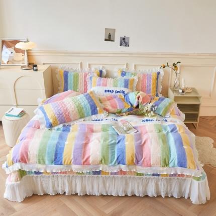 宜凡 2022秋冬新款A类牛奶绒印花花边床盖三四件套 彩虹条